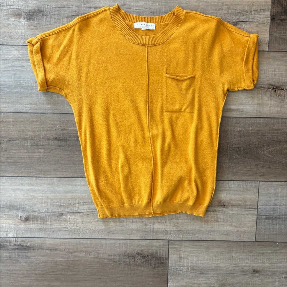 DownEast Mustard Knit Sweater Top With Rolled Sleeves and Pocket.